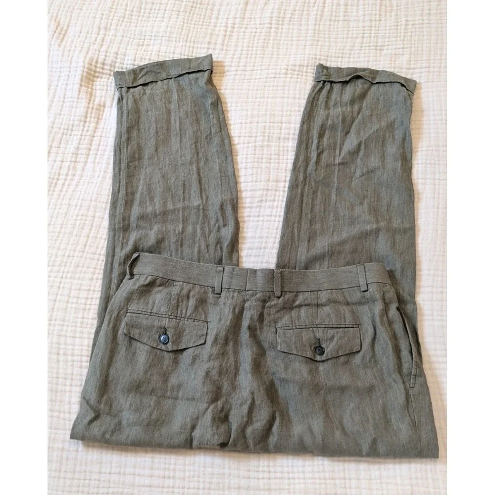Stafford Mens 34x30 OG Sage Olive Green 100% Linen Baker Pants Pleated Cuffed